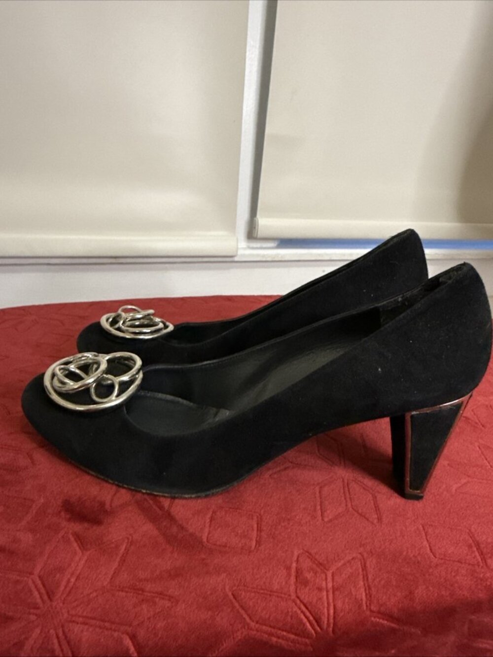 Stuart Weitzman Shoes Womens 7.5 Black Suede Pumps Block Heel embellishment - Picture 5 of 8